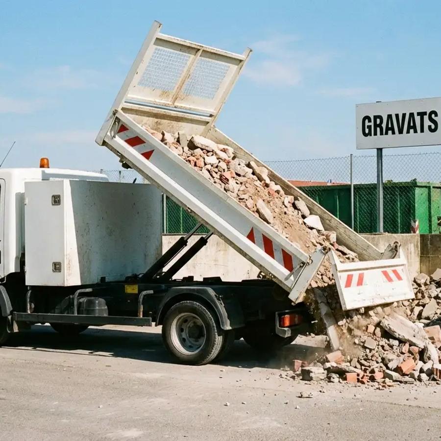 Camion benne déchargeant des gravats dans un centre de déchets inertes