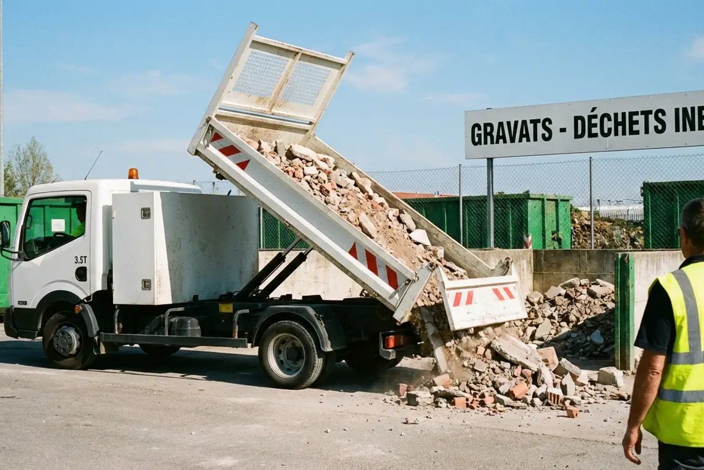 Camion benne déchargeant des gravats dans un centre de déchets inertes